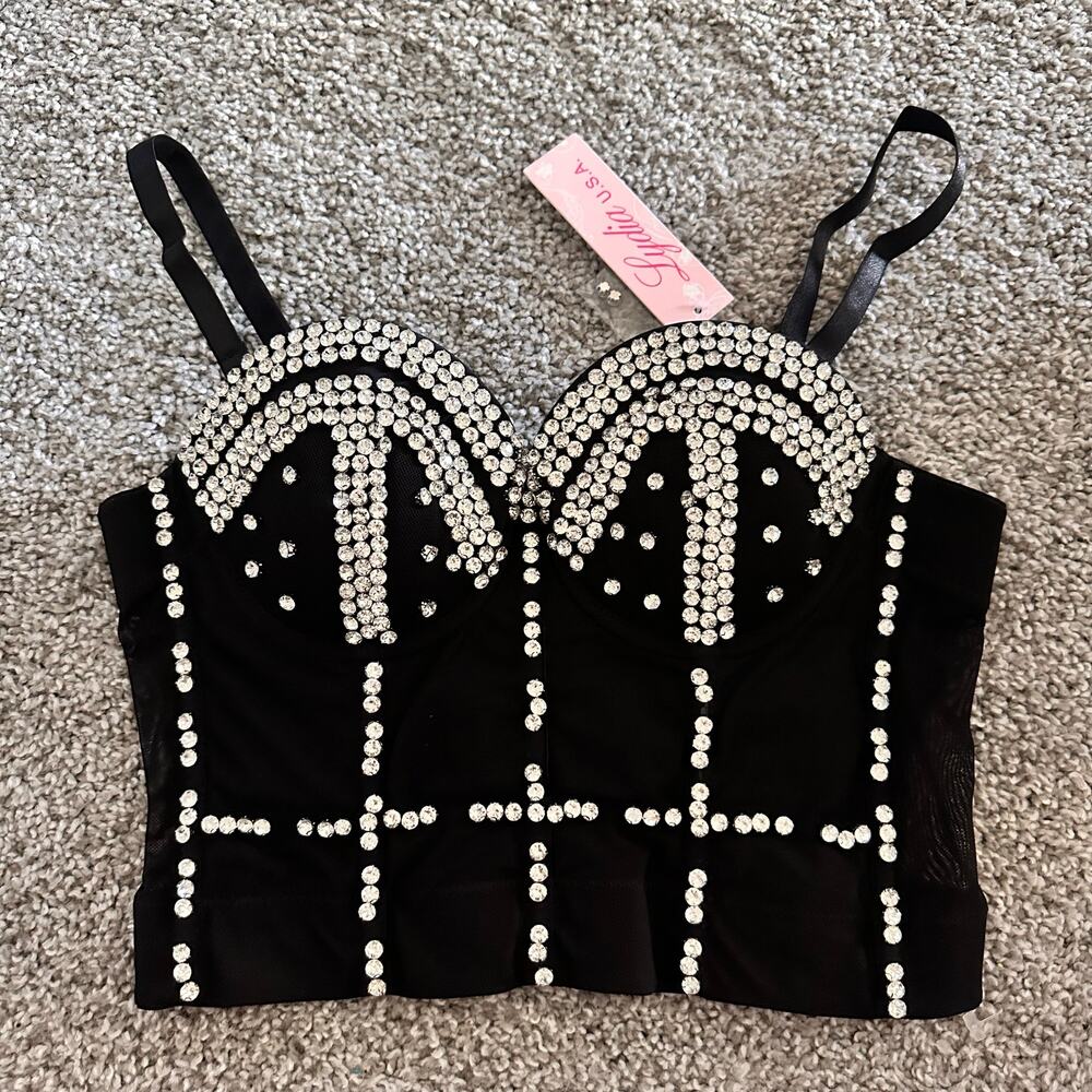 Lydia U.S.A. Black Rhinestone Embellished Bustier Crop Bra NEW with Tags SZ Med